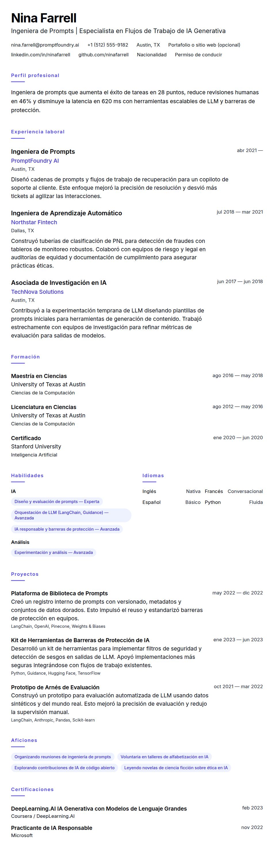 Vista previa del currículum Ejemplo de Currículum de Ingeniero de Prompts