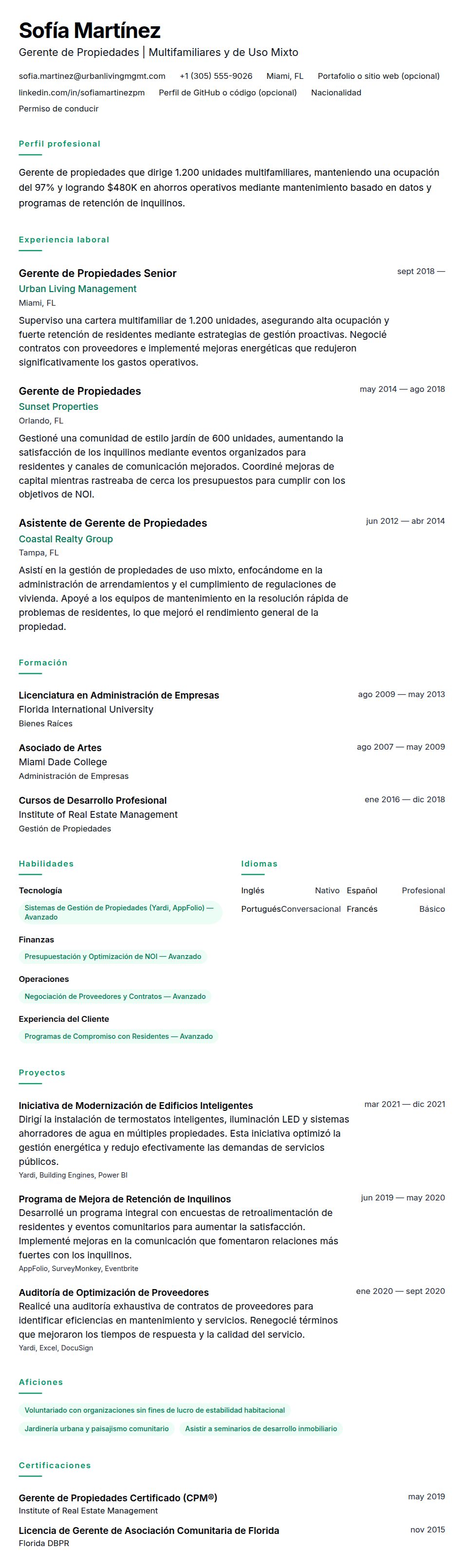 Vista previa del currículum Ejemplo de Currículum de Gerente de Propiedades