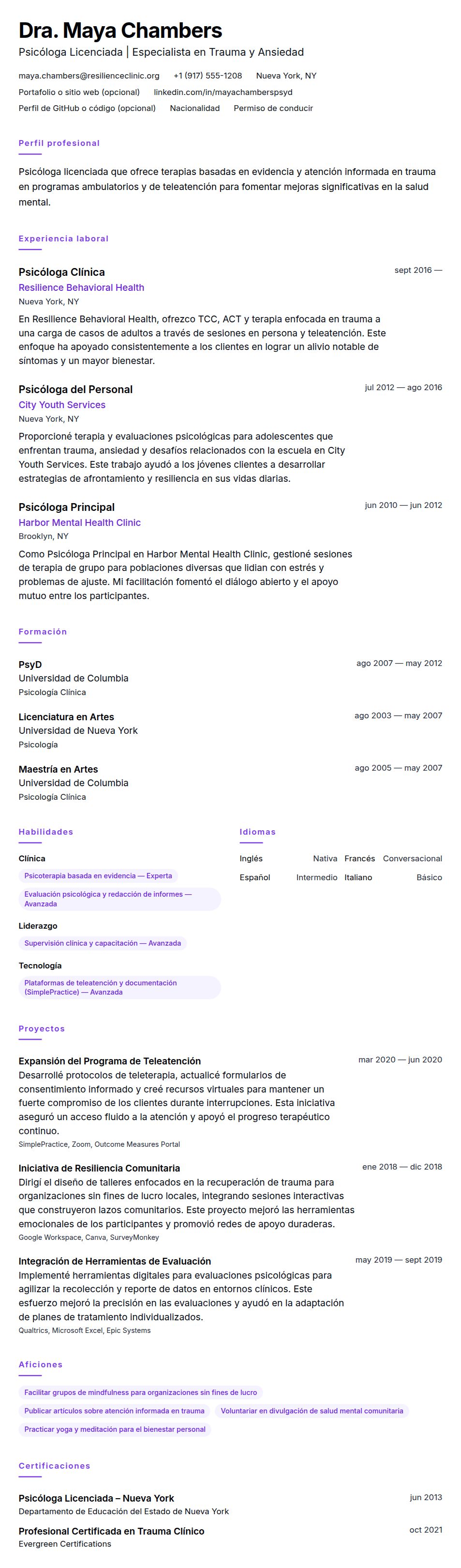 Vista previa del currículum Ejemplo de Currículum de Psicólogo
