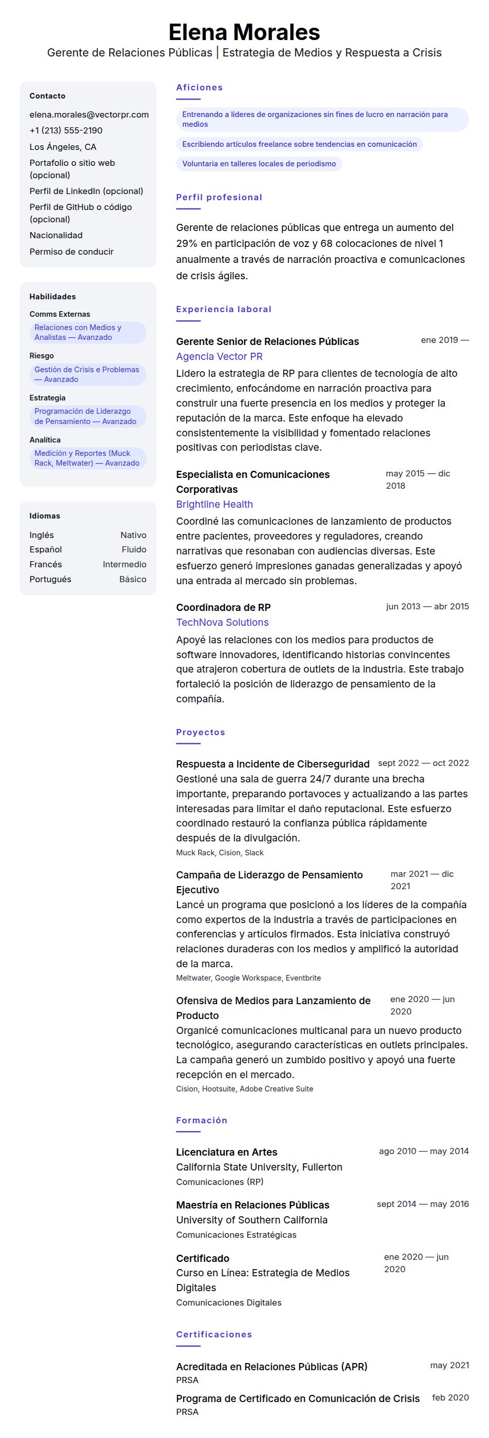 Vista previa del currículum Ejemplo de Currículum de Gerente de Relaciones Públicas