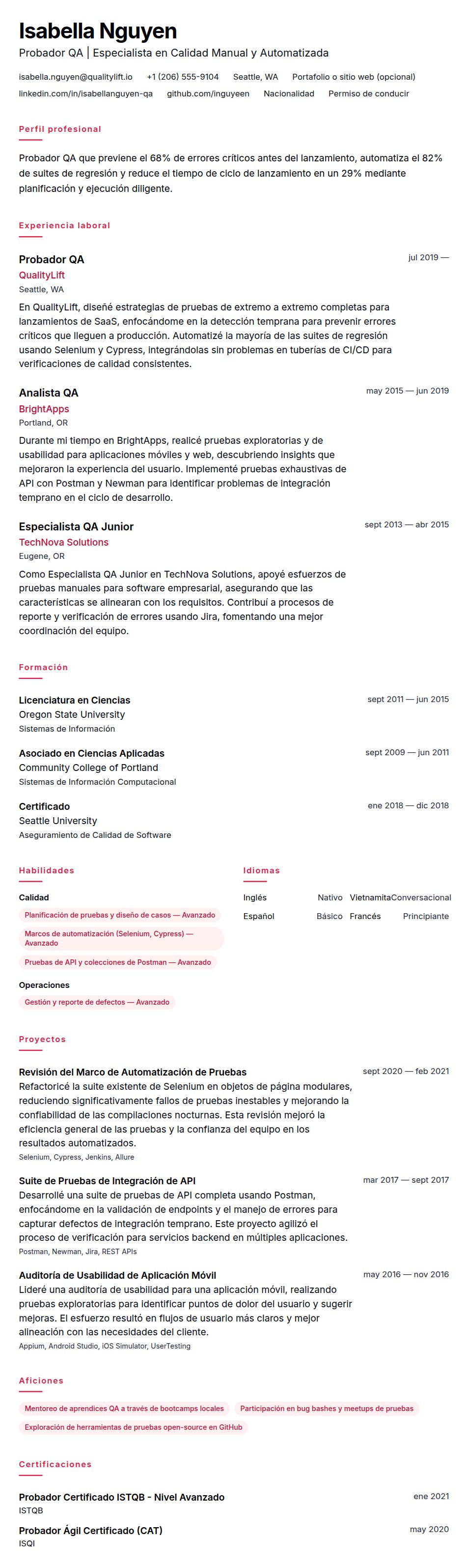 Vista previa del currículum Ejemplo de Currículum de Probador QA
