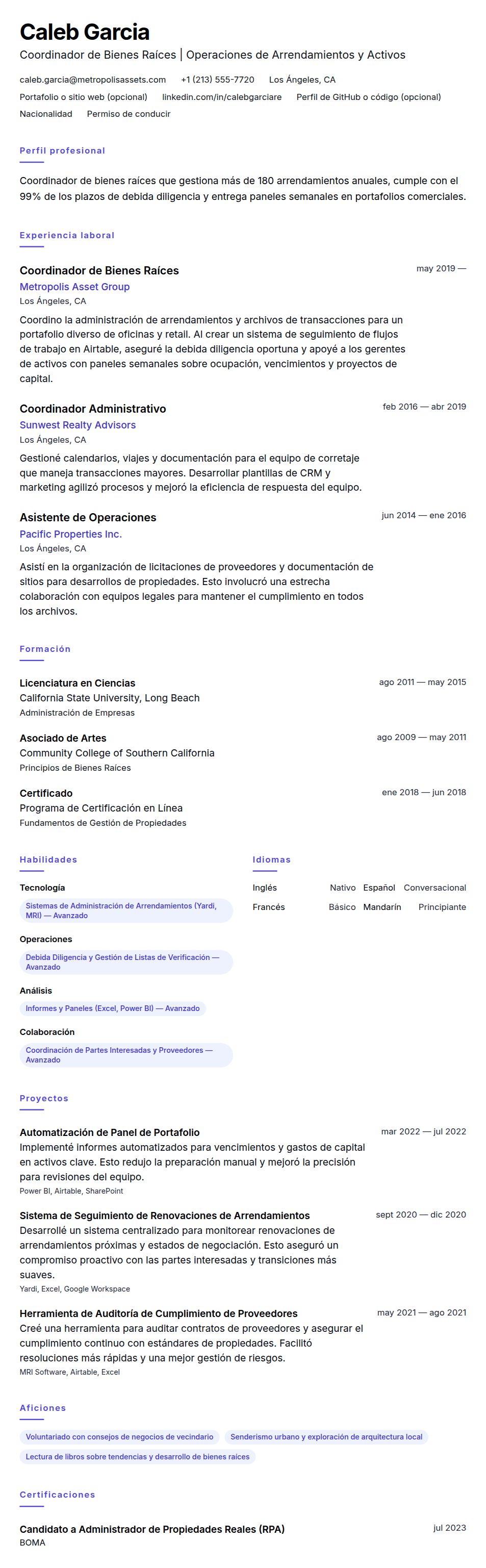 Ejemplo de Currículum de Coordinador de Bienes Raíces