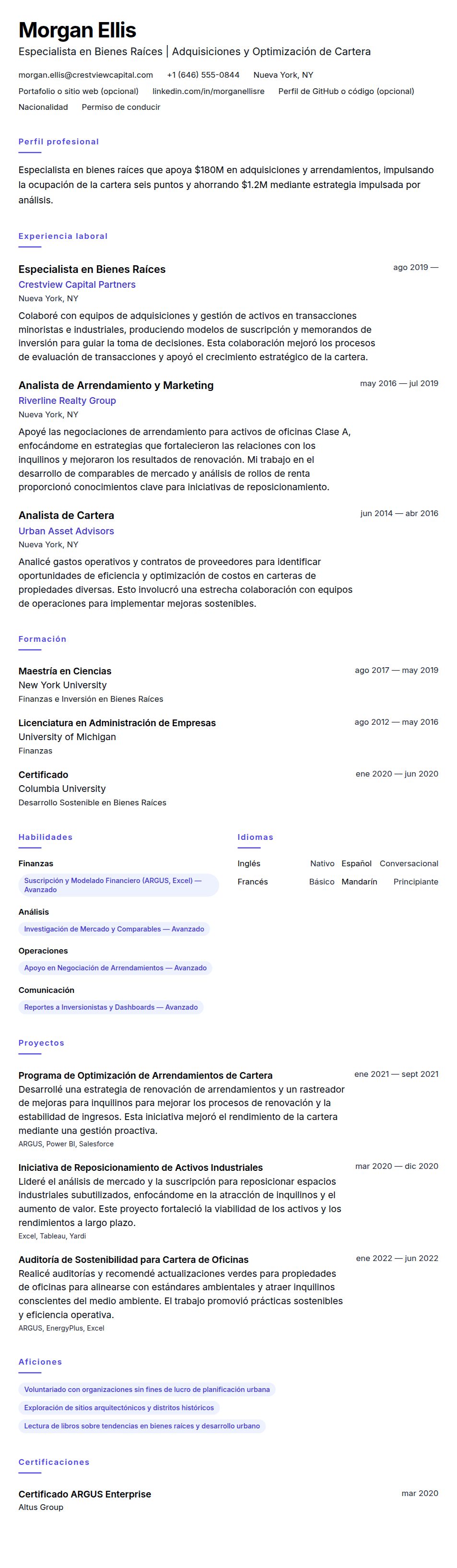 Vista previa del currículum Ejemplo de Currículum de Especialista en Bienes Raíces