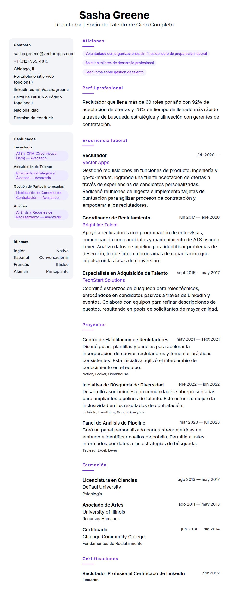 Vista previa del currículum Ejemplo de Currículum de Reclutador