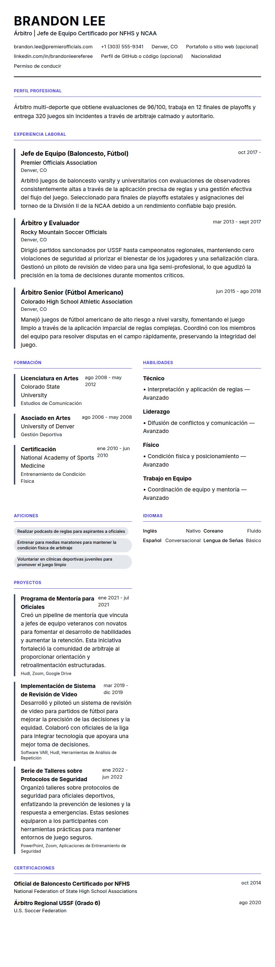 Vista previa del currículum Ejemplo de Currículum de Árbitro