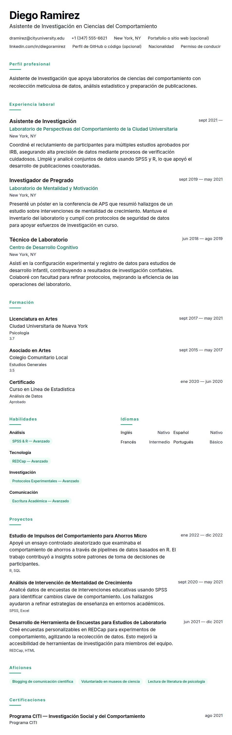 Vista previa del currículum Ejemplo de Currículum de Asistente de Investigación