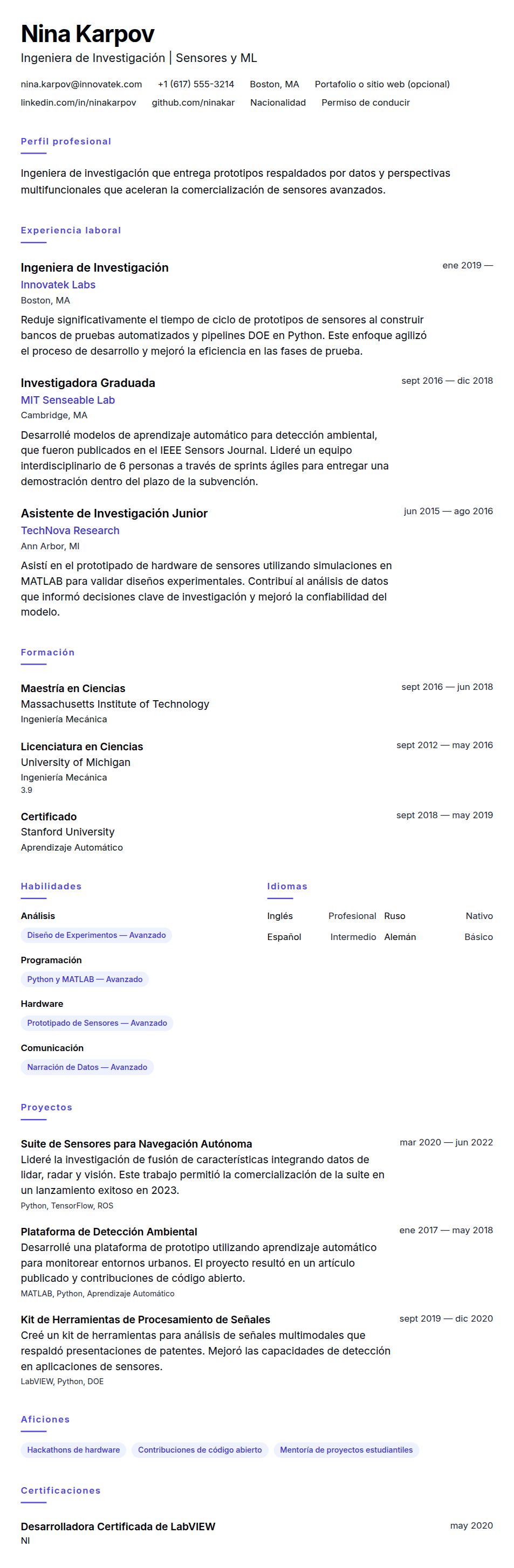 Ejemplo de Currículum de Ingeniero de Investigación