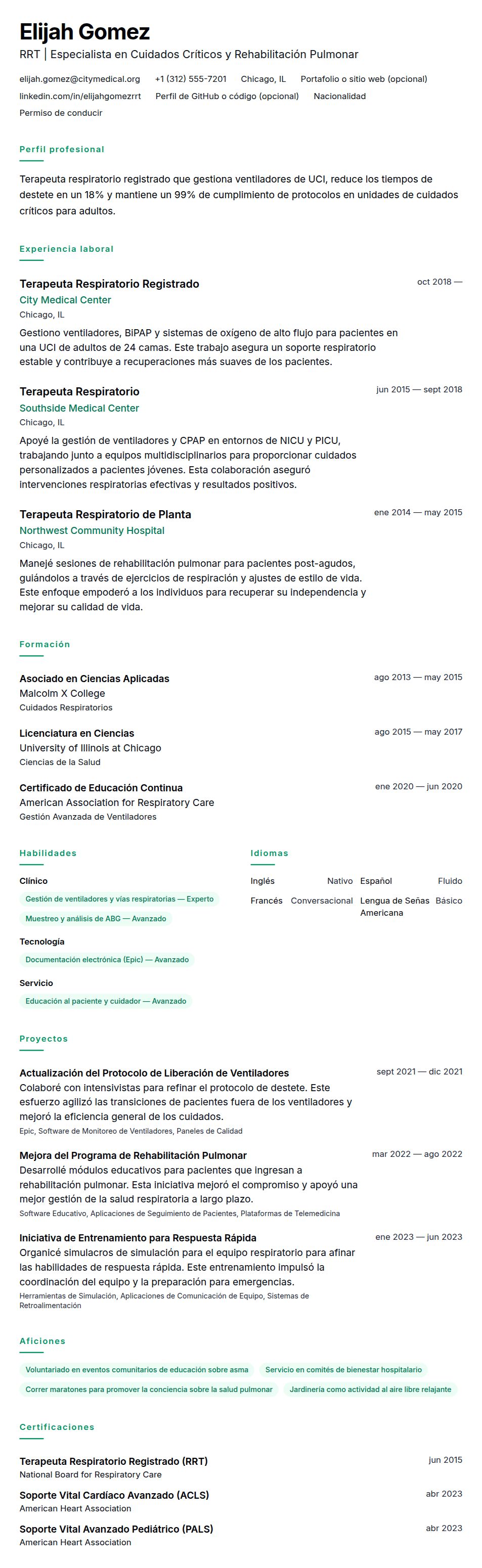 Vista previa del currículum Ejemplo de Currículum de Terapeuta Respiratorio