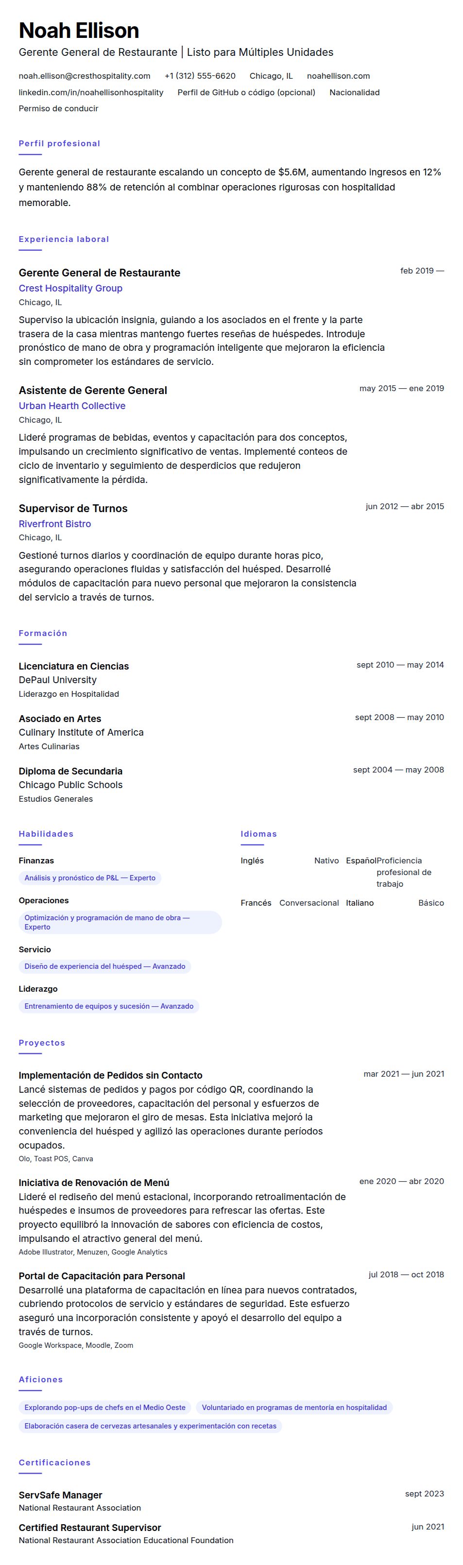 Ejemplo de Currículum de Gerente de Restaurante