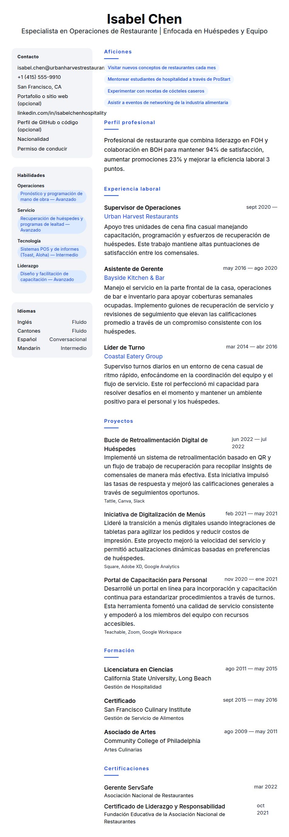 Vista previa del currículum Ejemplo de Currículum de Profesional de Restaurante
