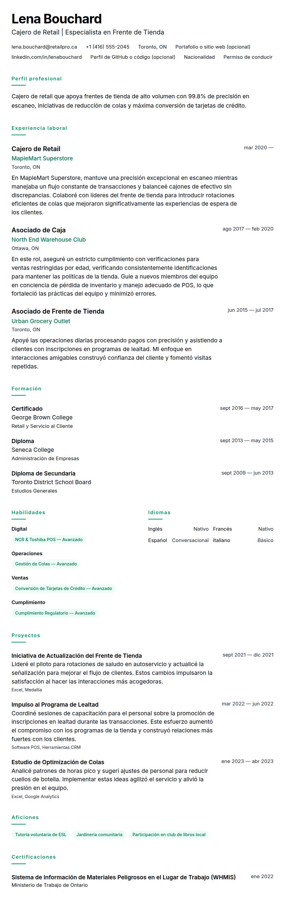 Vista previa del currículum Ejemplo de Currículum de Cajero de Retail