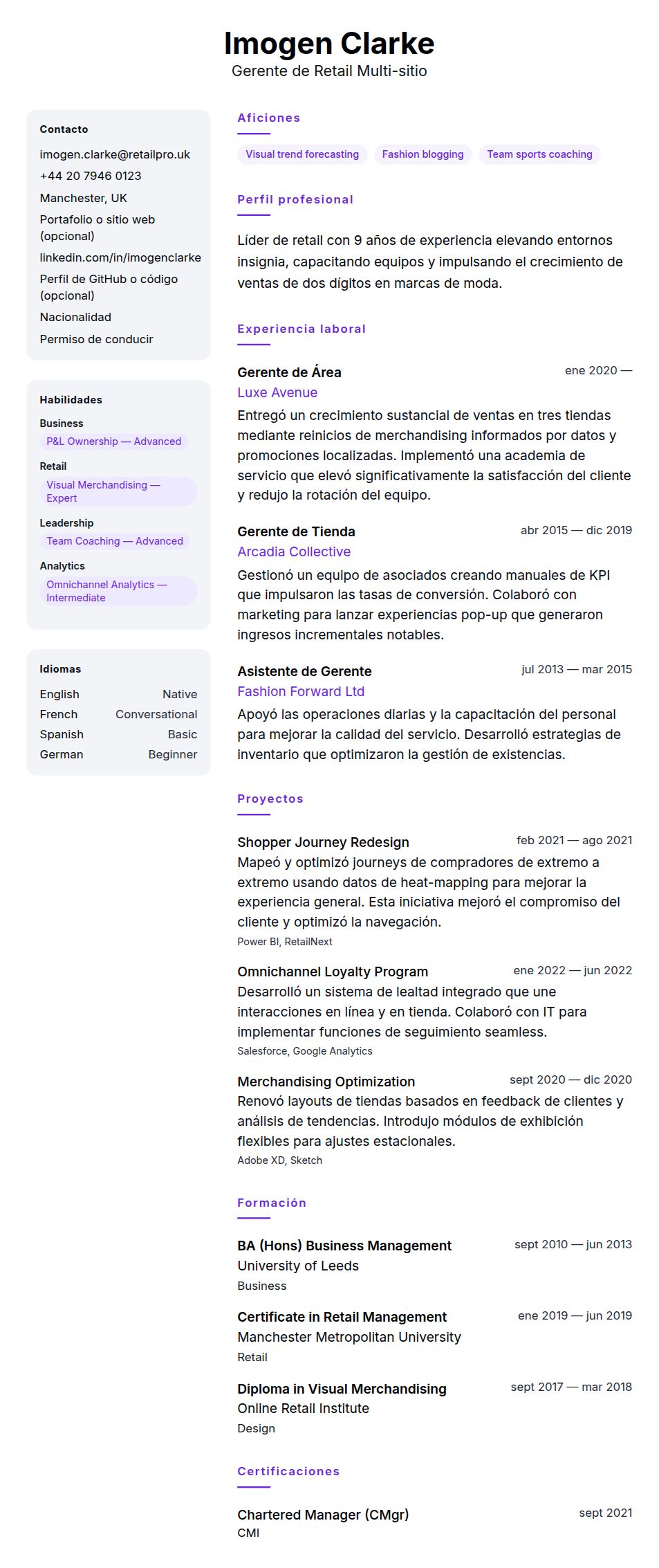 Vista previa del currículum Ejemplo de Currículum de Gerente de Retail