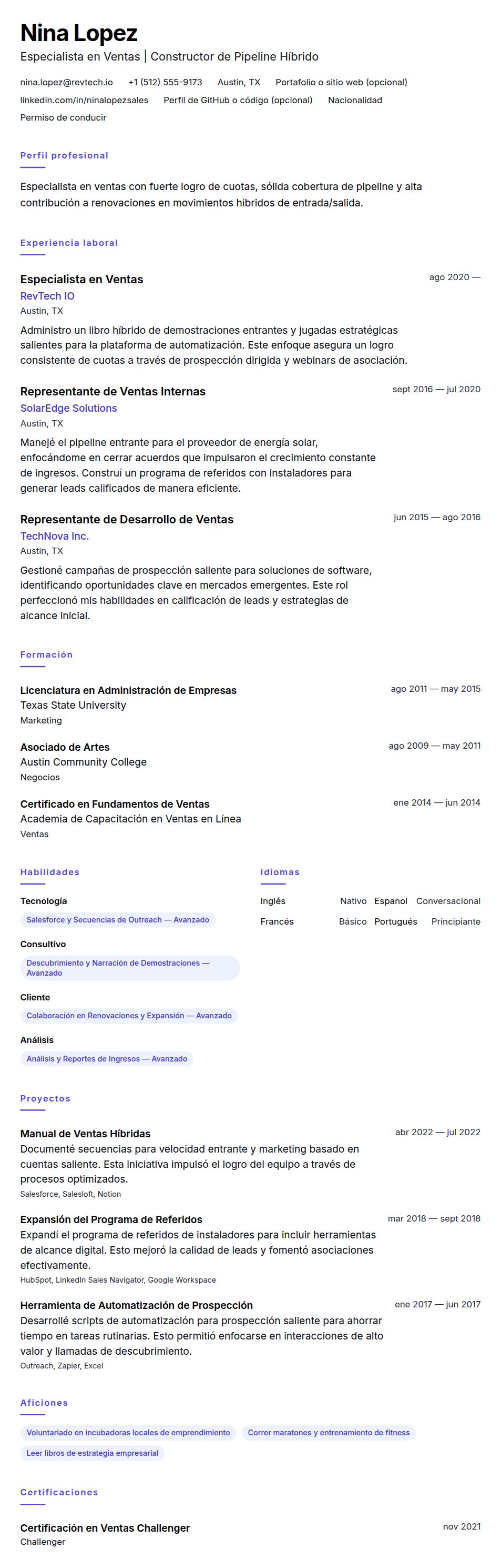Vista previa del currículum Ejemplo de Currículum de Especialista en Ventas
