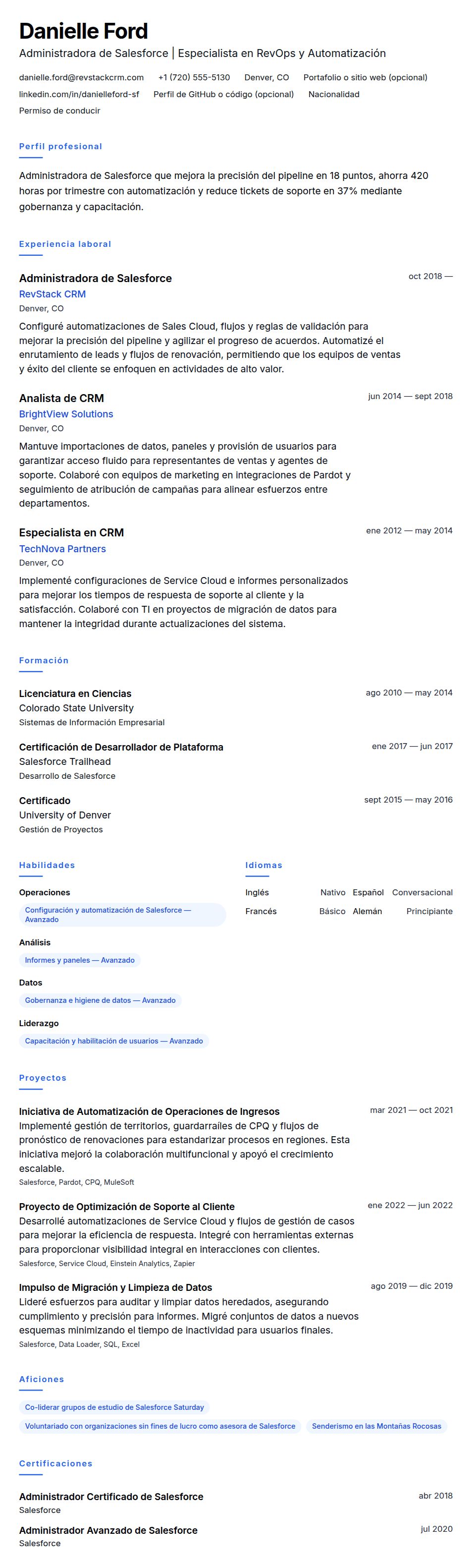 Vista previa del currículum Ejemplo de Currículum de Administrador de Salesforce