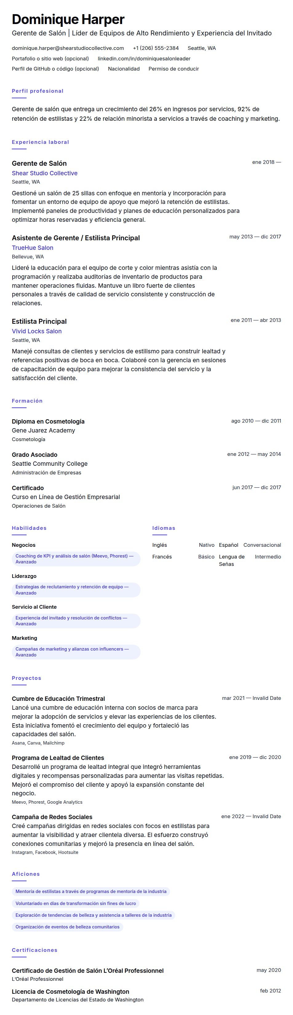 Vista previa del currículum Ejemplo de Currículum de Gerente de Salón