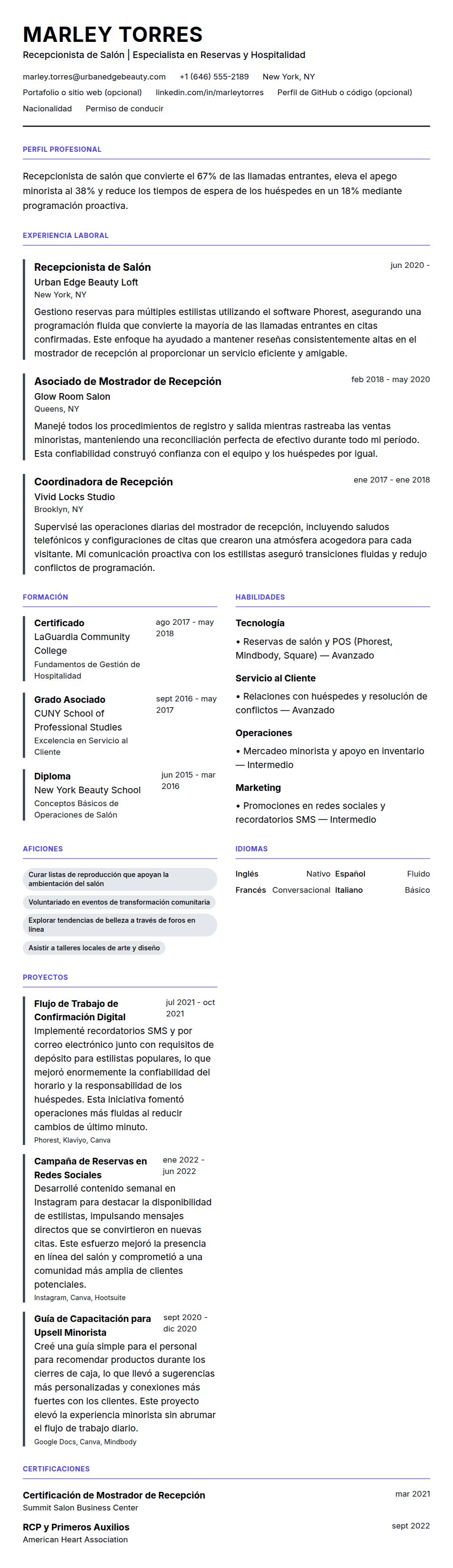 Vista previa del currículum Ejemplo de Currículum de Recepcionista de Salón