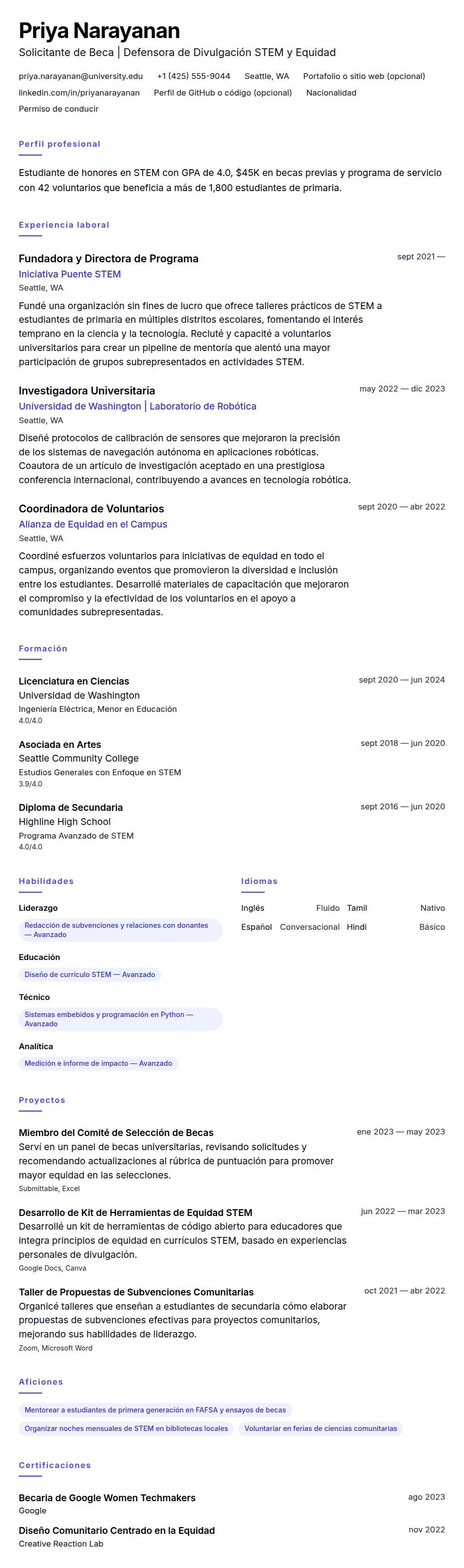 Ejemplo de Currículum para Becas