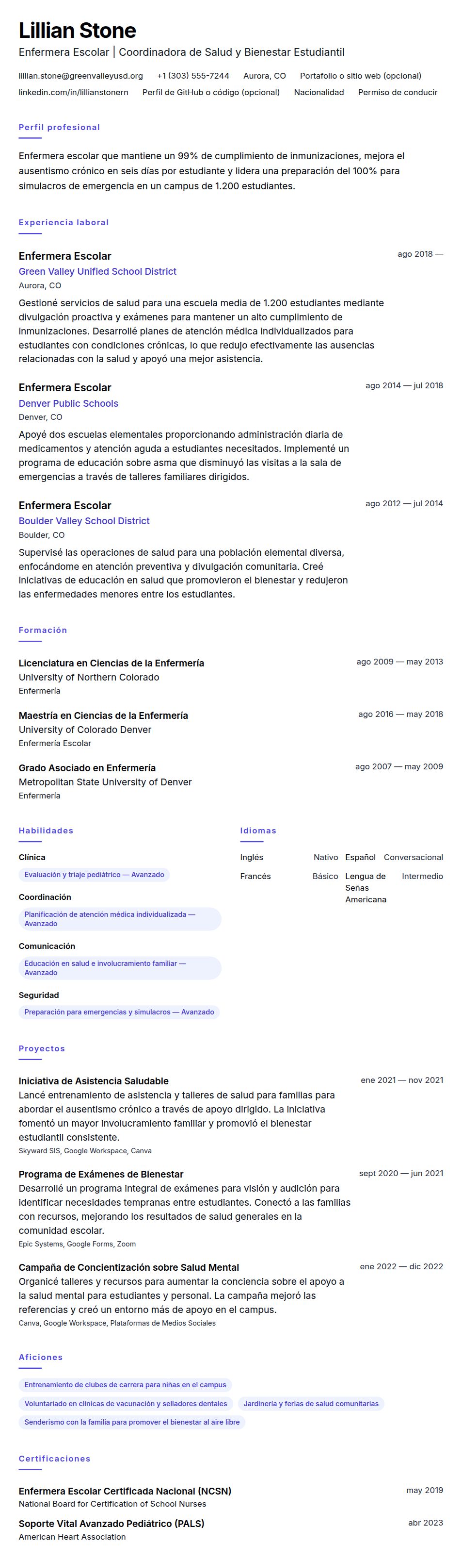 Vista previa del currículum Ejemplo de Currículum de Enfermera Escolar