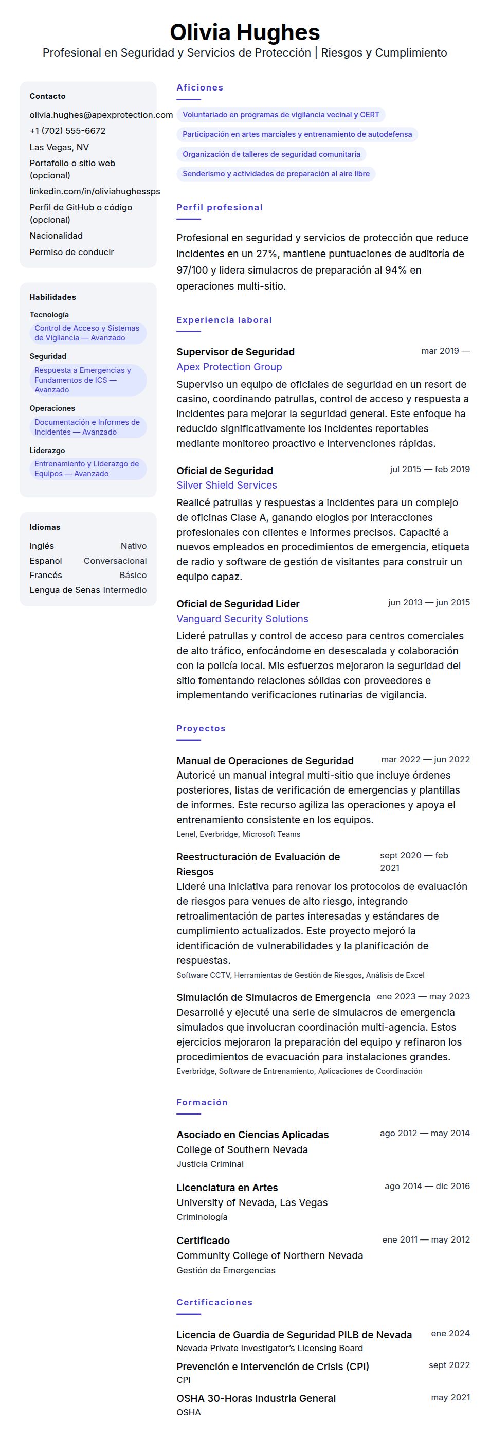 Ejemplo de Currículum de Profesional en Seguridad y Servicios de Protección