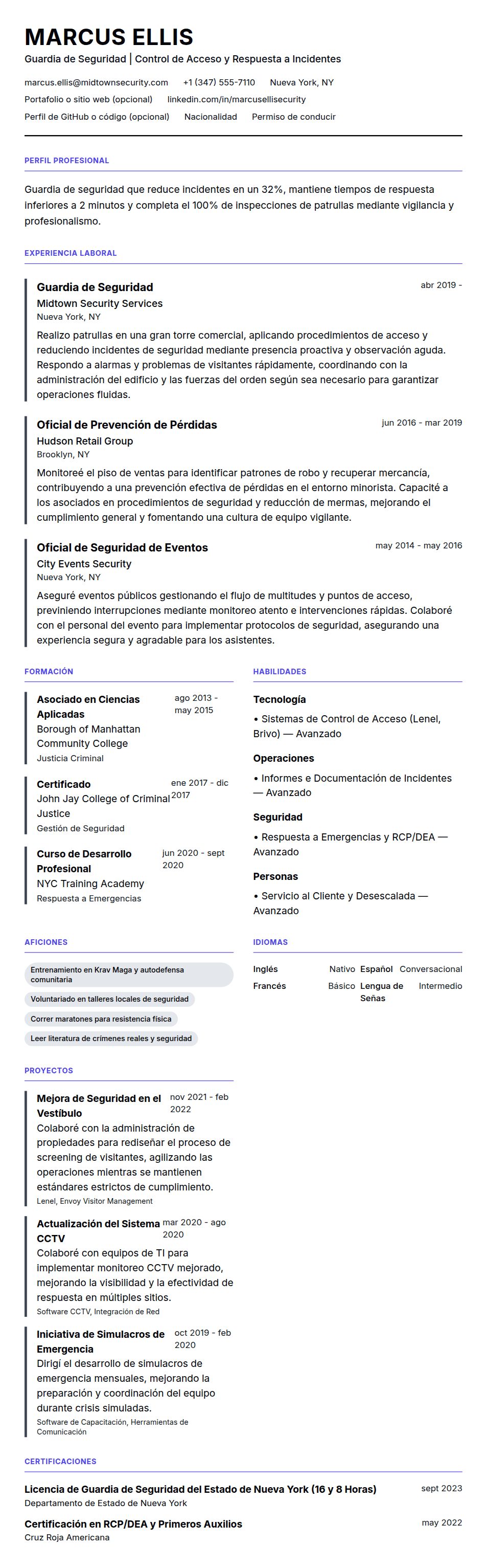 Vista previa del currículum Ejemplo de Currículum de Guardia de Seguridad
