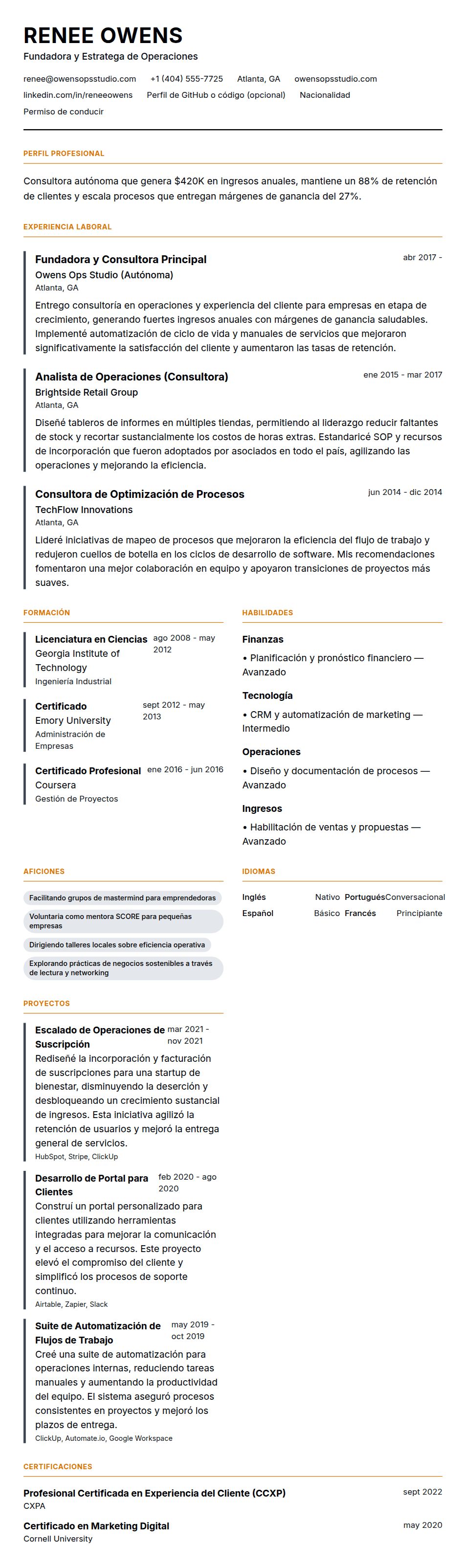 Vista previa del currículum Ejemplo de Currículum para Profesional Autonomo