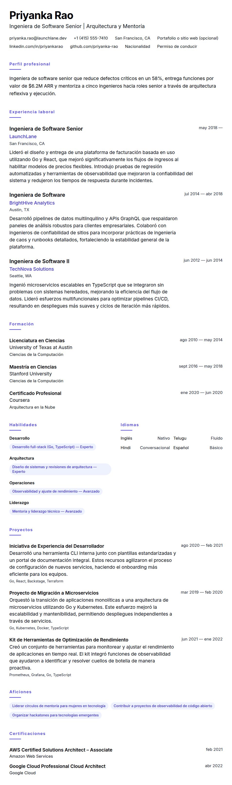 Vista previa del currículum Ejemplo de Currículum de Ingeniero de Software Senior