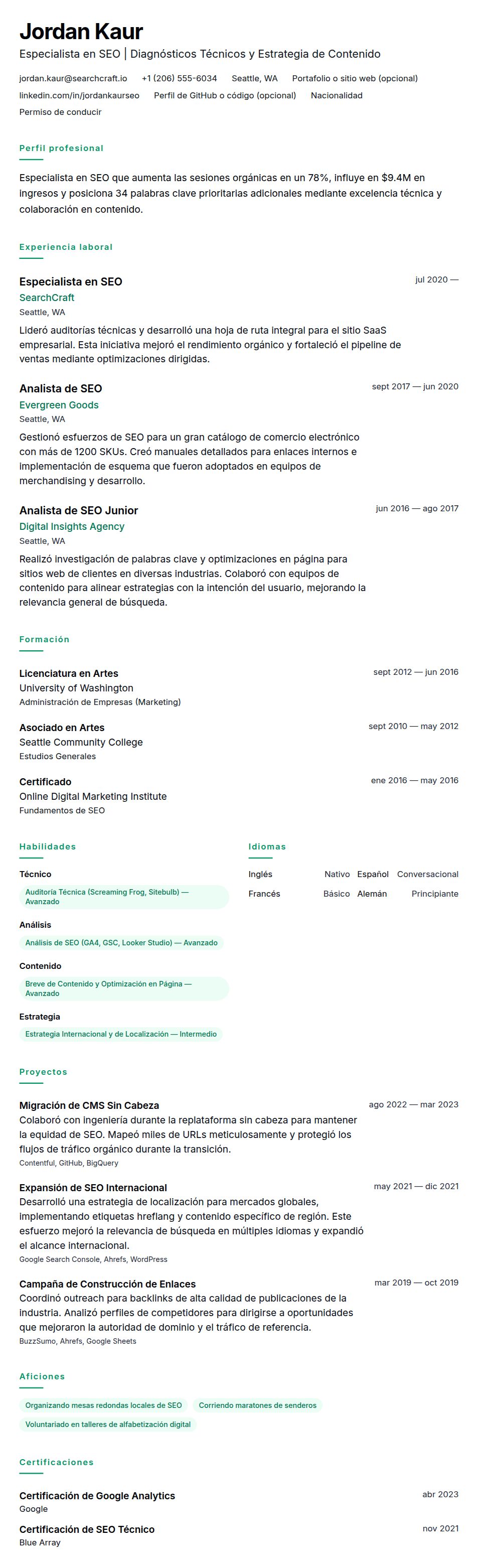 Vista previa del currículum Ejemplo de Currículum de Especialista en SEO