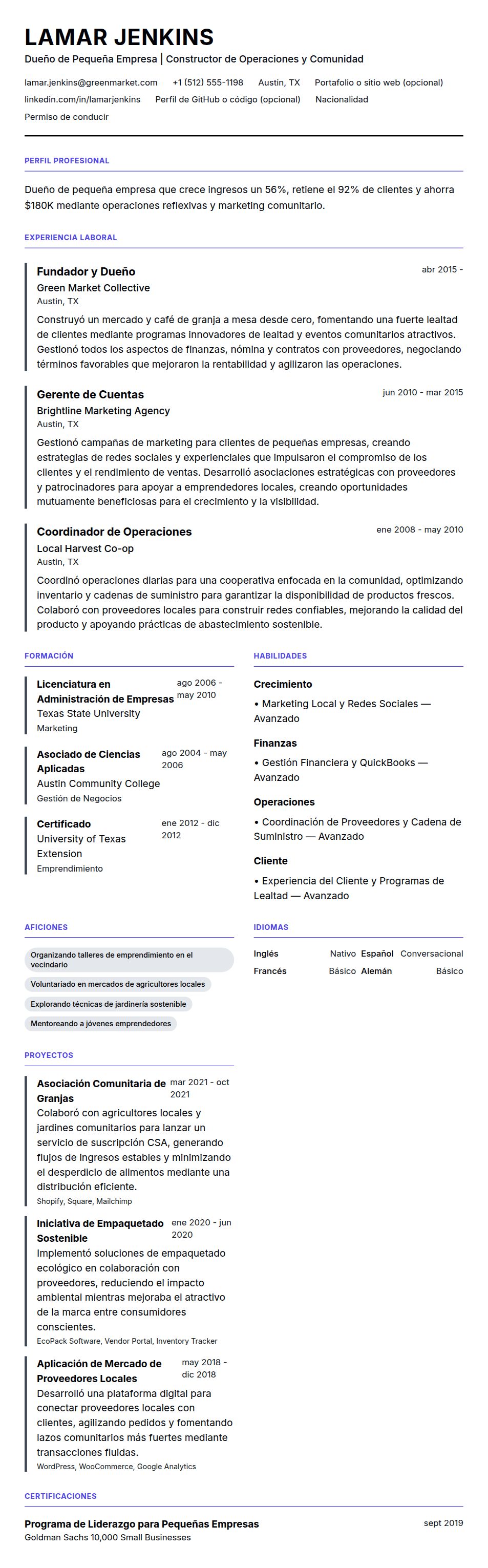 Vista previa del currículum Ejemplo de Currículum de Dueño de Pequeña Empresa