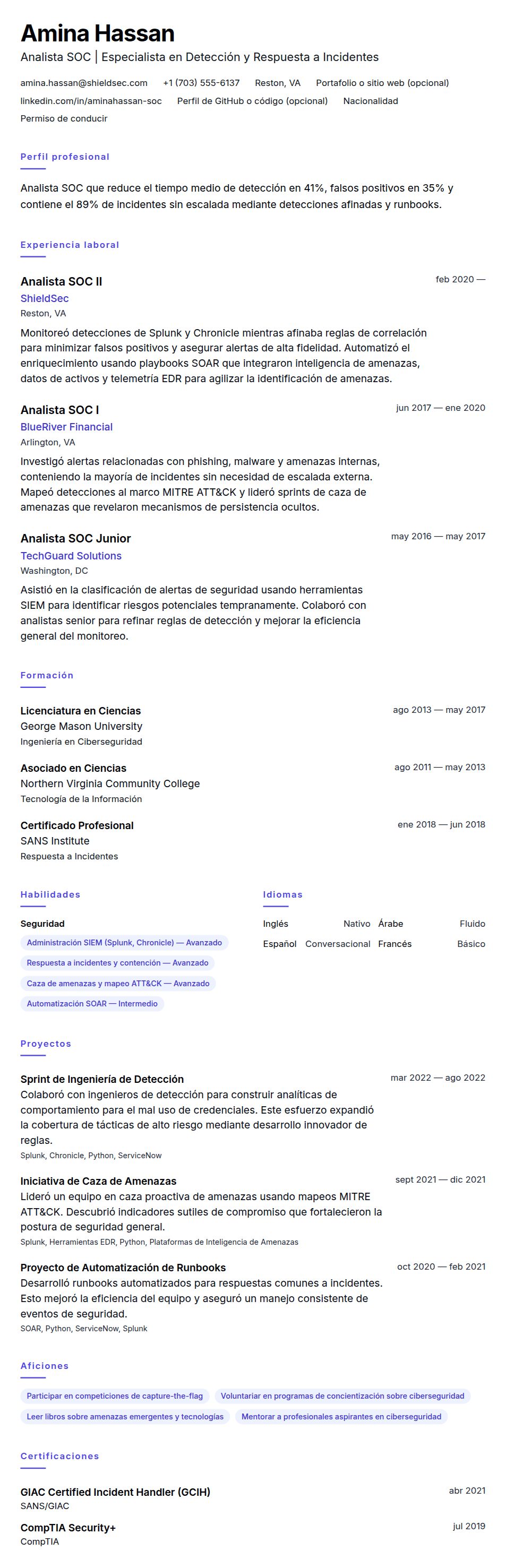 Vista previa del currículum Ejemplo de Currículum de Analista SOC
