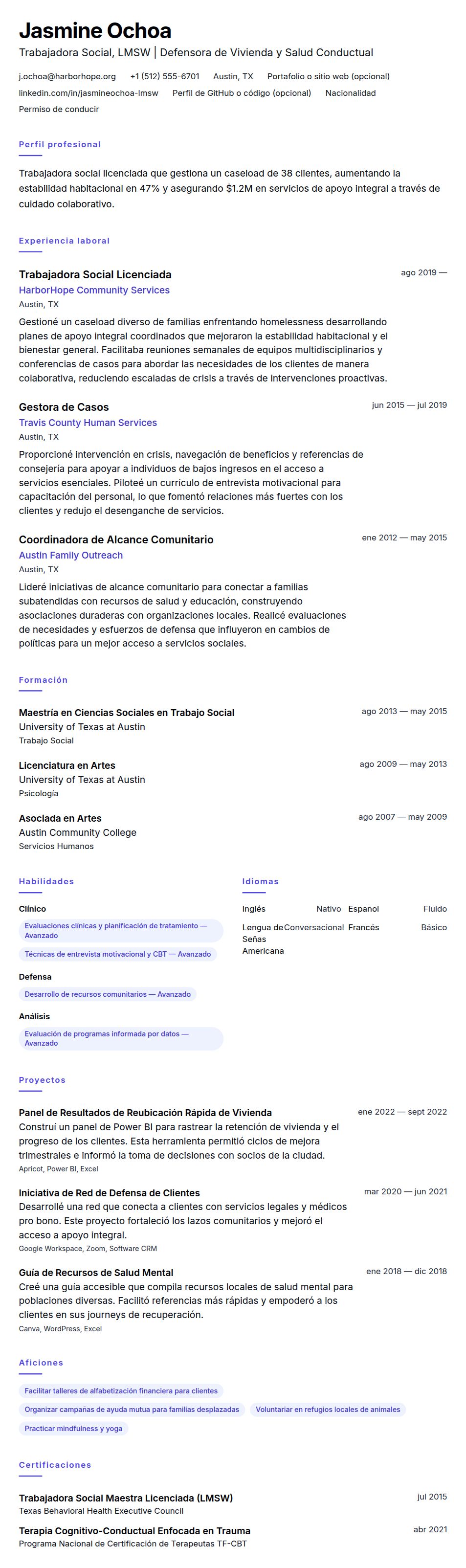 Vista previa del currículum Ejemplo de Currículum de Trabajador Social