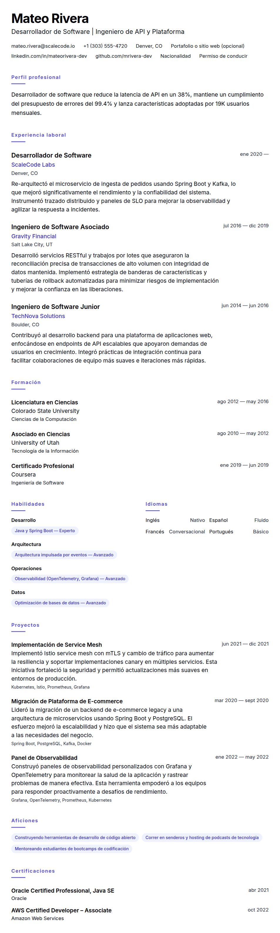 Vista previa del currículum Ejemplo de Currículum de Desarrollador de Software