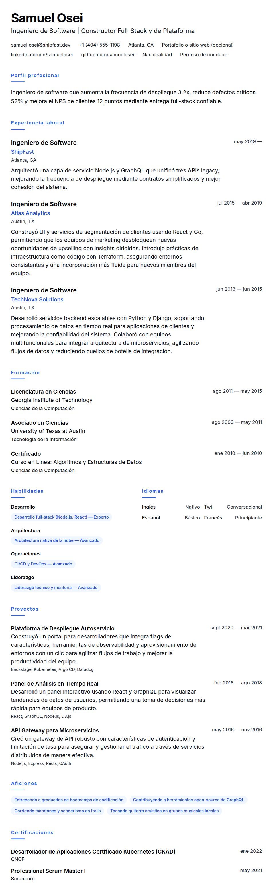 Vista previa del currículum Ejemplo de Currículum de Ingeniero de Software
