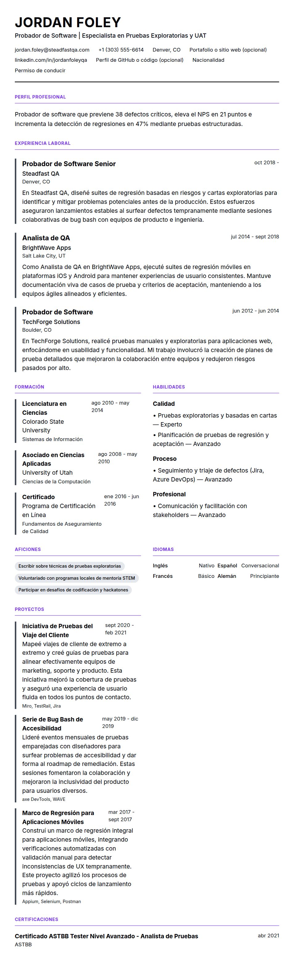 Vista previa del currículum Ejemplo de Currículum de Probador de Software