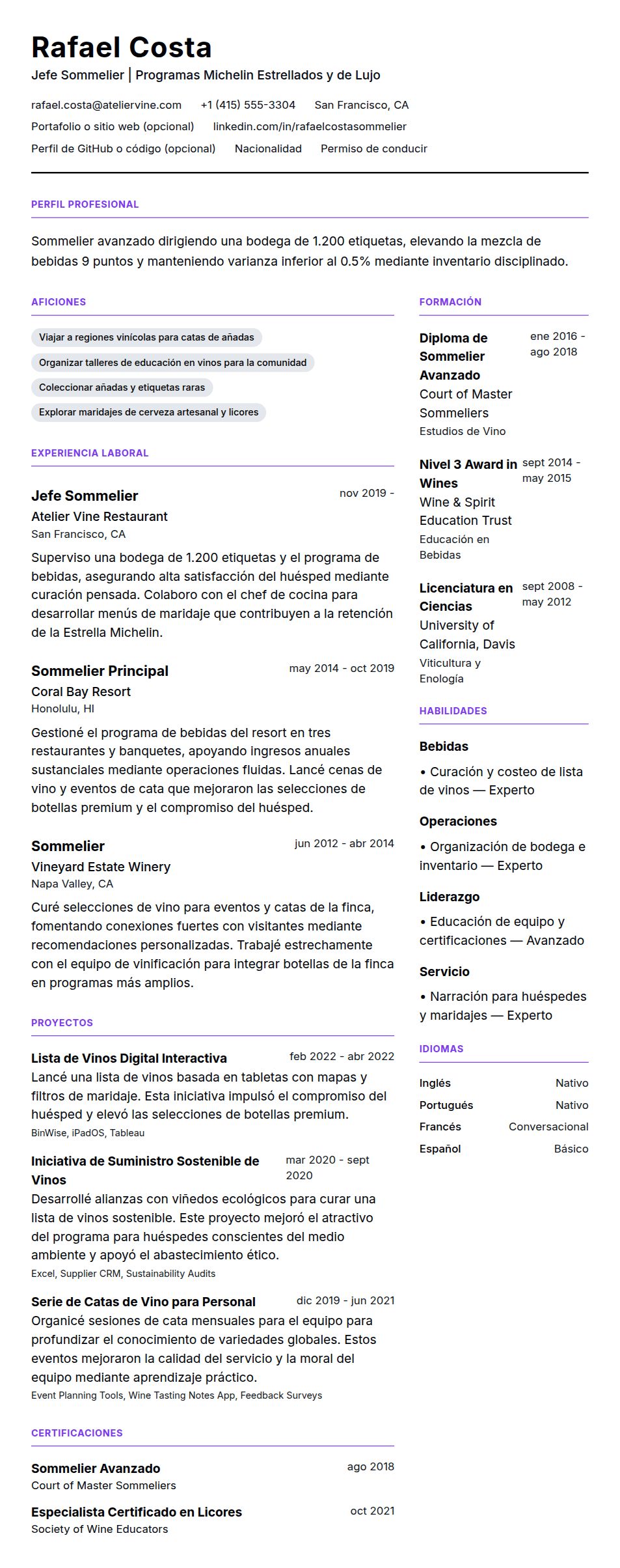 Ejemplo de Currículum de Sommelier