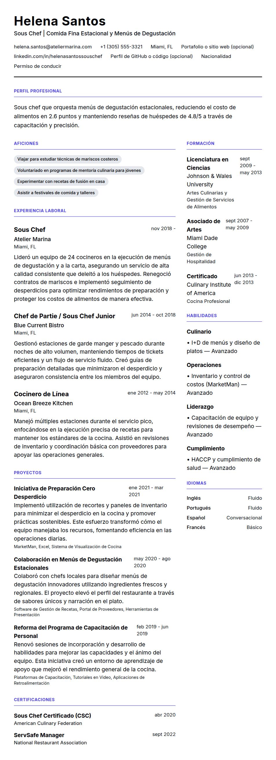 Vista previa del currículum Ejemplo de Currículum de Sous Chef