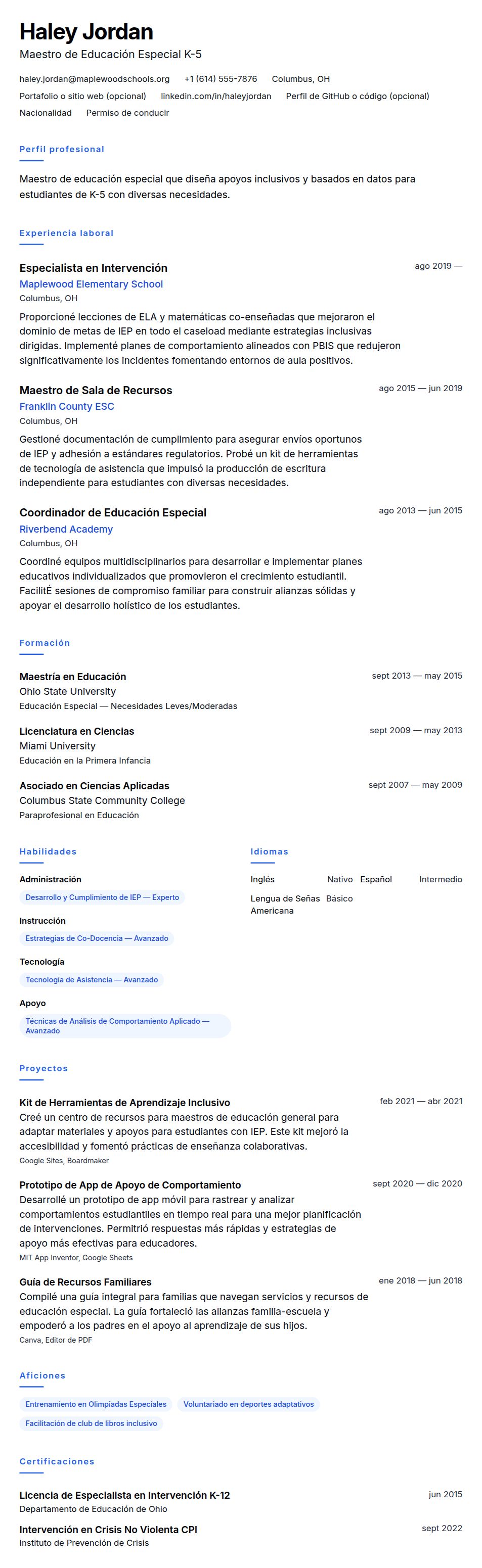 Vista previa del currículum Ejemplo de Currículum de Maestro de Educación Especial
