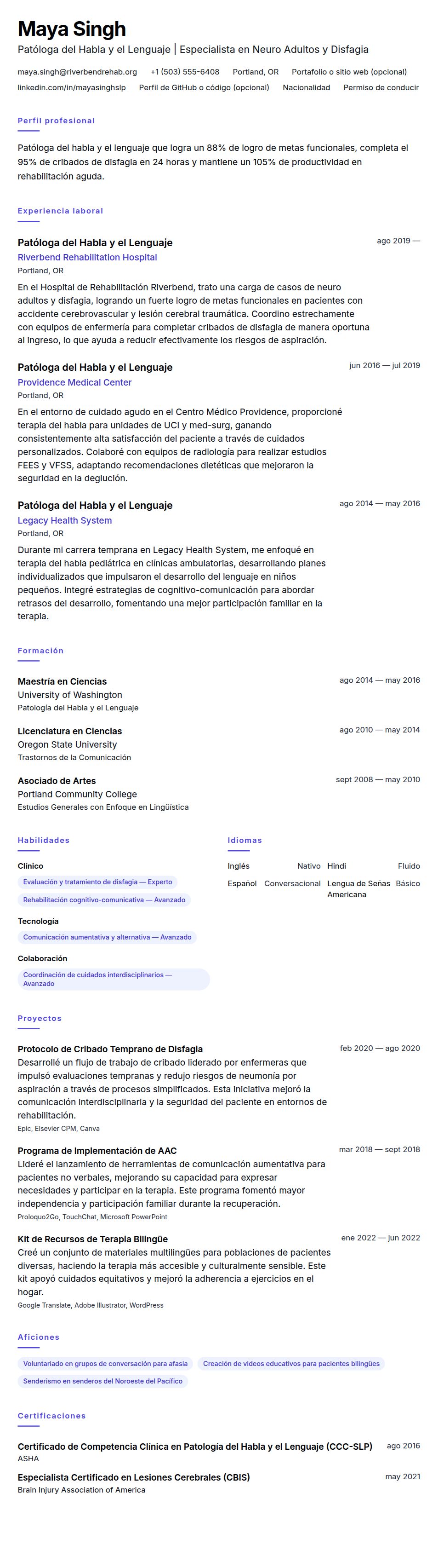 Vista previa del currículum Ejemplo de Currículum de Patólogo del Habla y el Lenguaje (SLP)