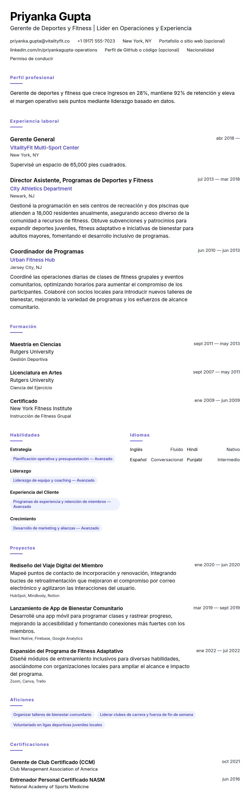 Ejemplo de Currículum de Gerente de Deportes y Fitness