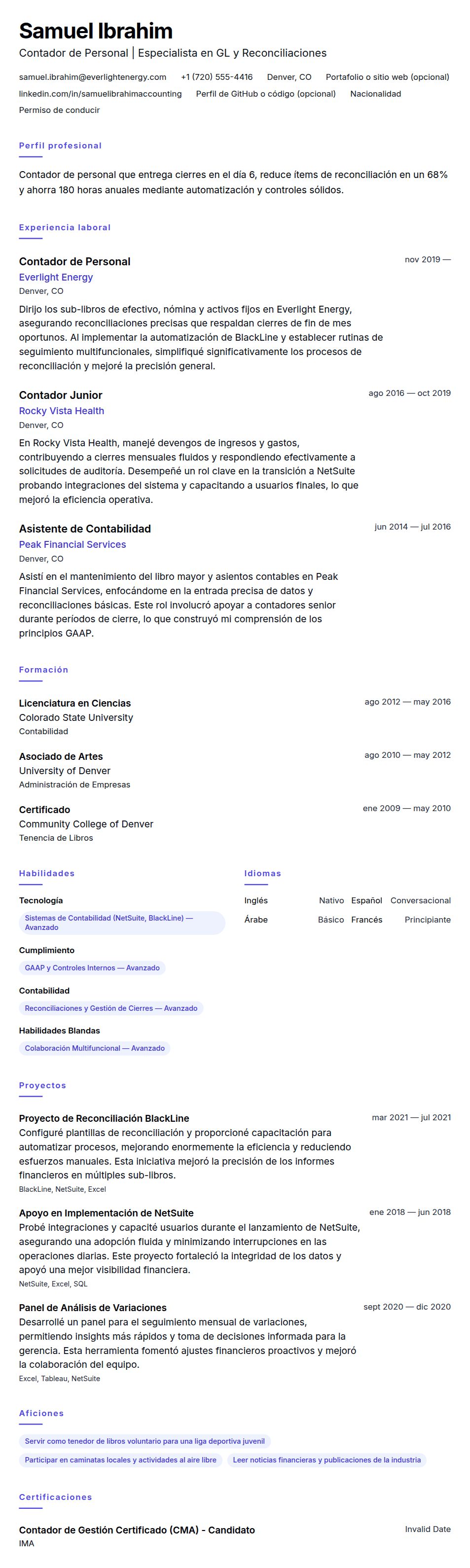 Vista previa del currículum Ejemplo de Currículum de Contador de Personal