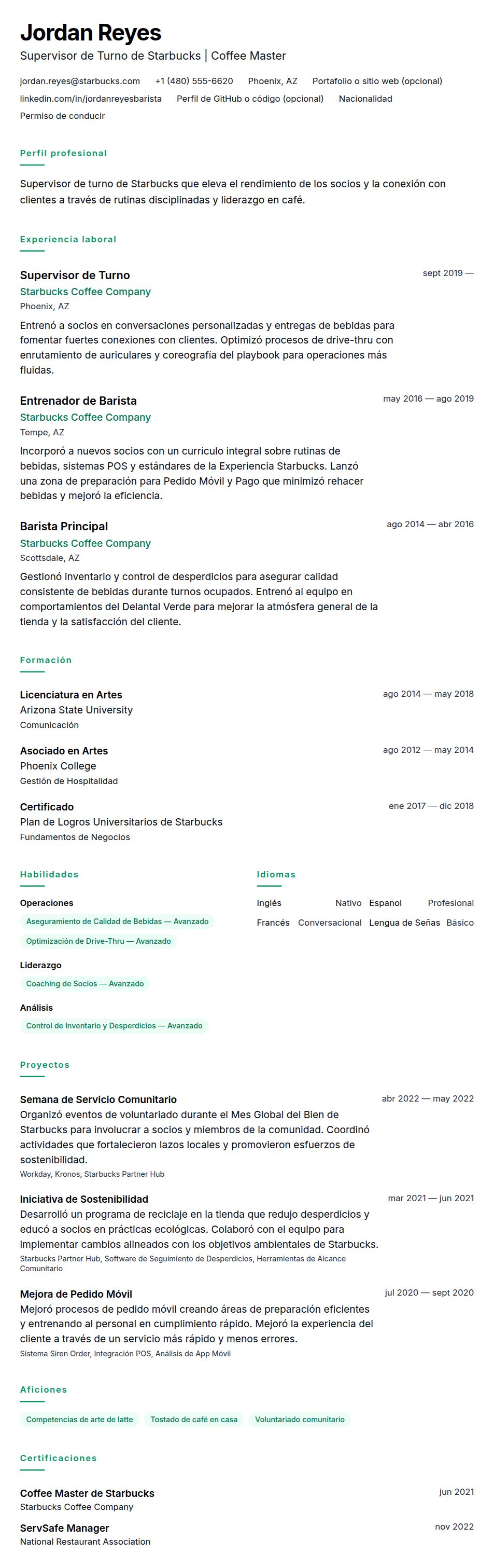 Vista previa del currículum Ejemplo de Currículum de Supervisor de Turno de Starbucks