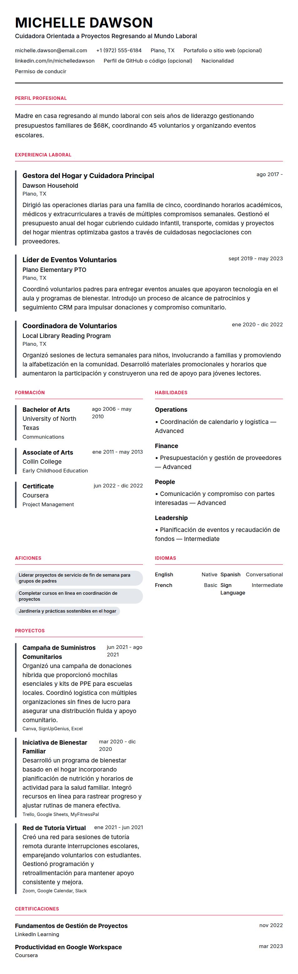 Vista previa del currículum Ejemplo de Currículum de Madre en Casa