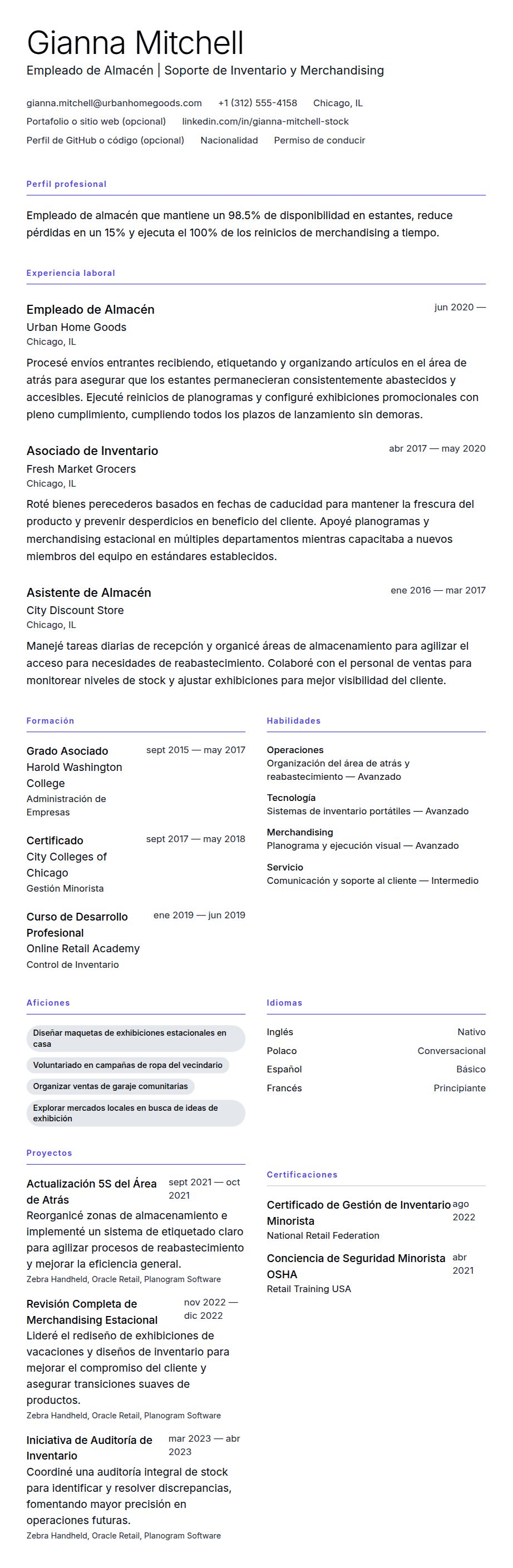 Vista previa del currículum Ejemplo de Currículum de Empleado de Almacén
