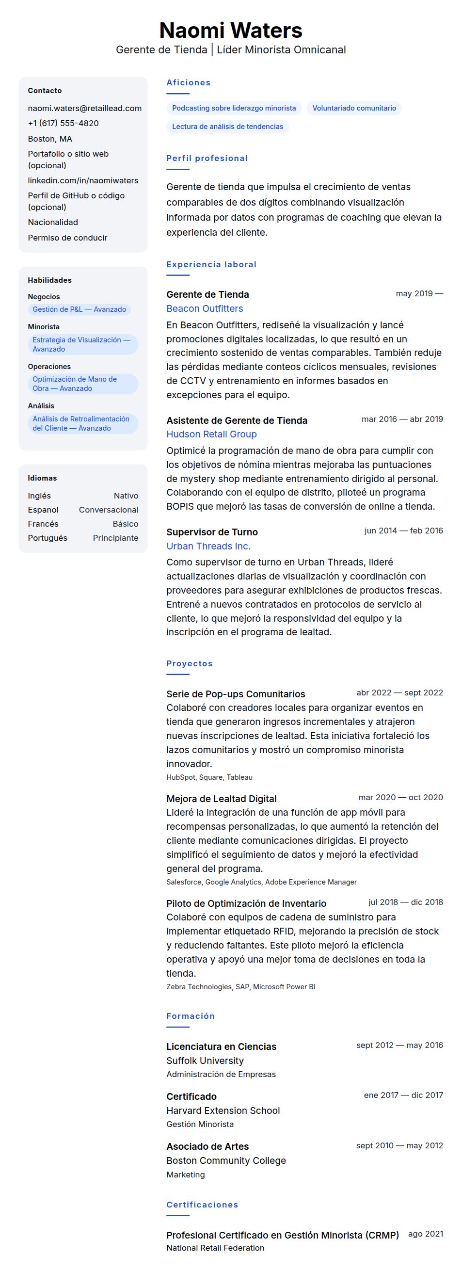 Vista previa del currículum Ejemplo de Currículum de Gerente de Tienda