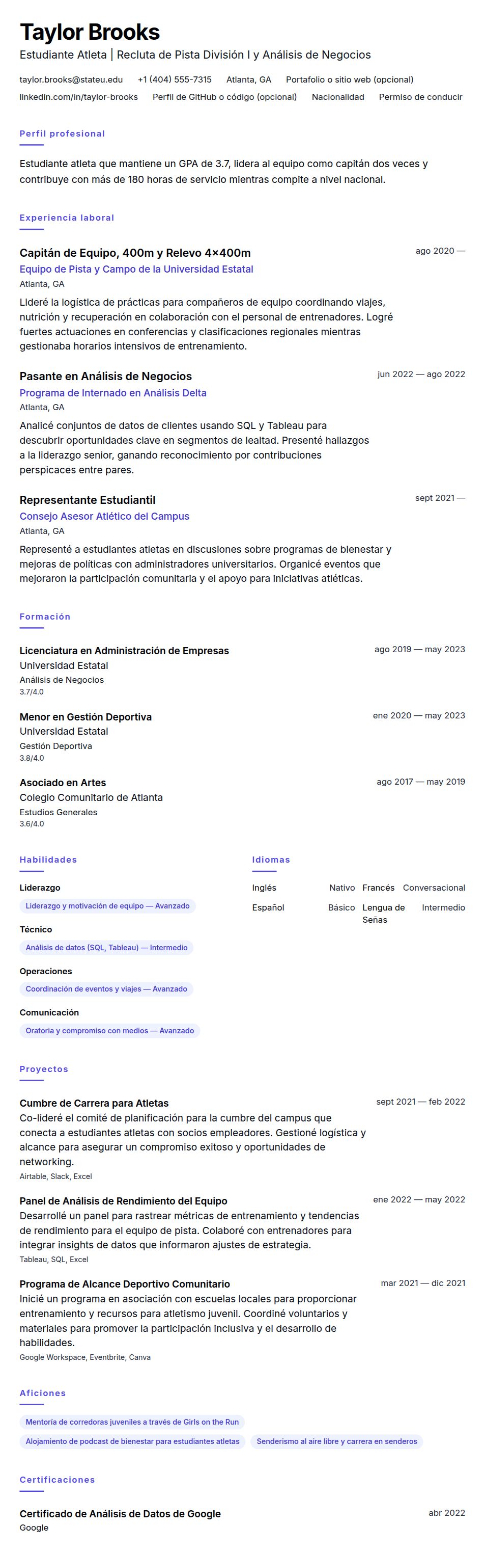 Vista previa del currículum Ejemplo de Currículum de Estudiante Atleta