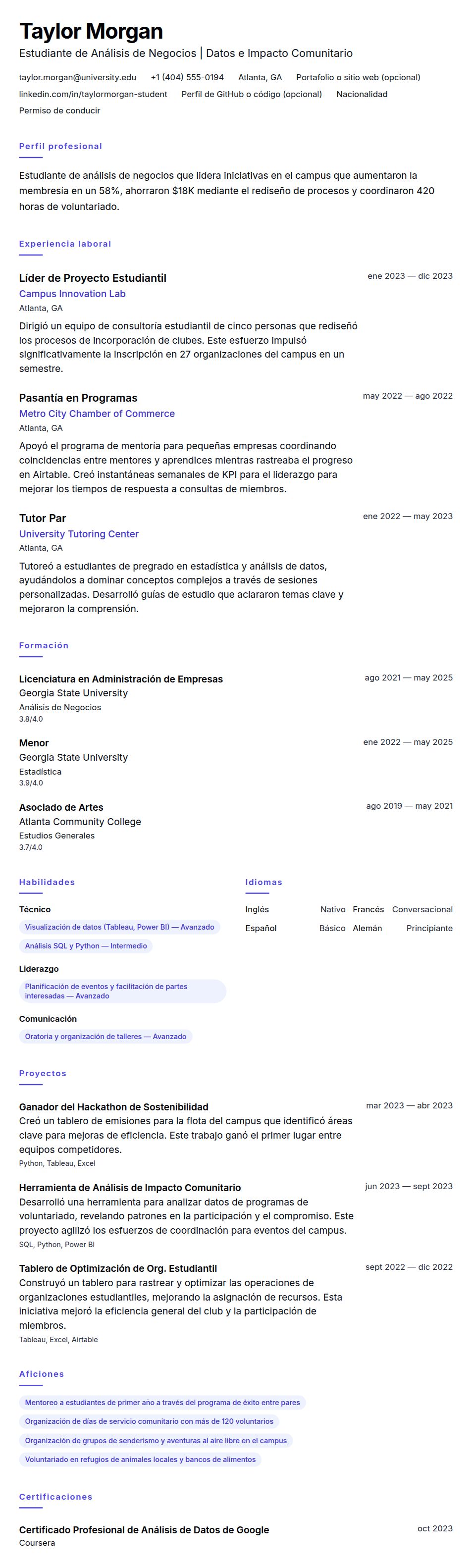 Vista previa del currículum Ejemplo de Currículum para Estudiantes