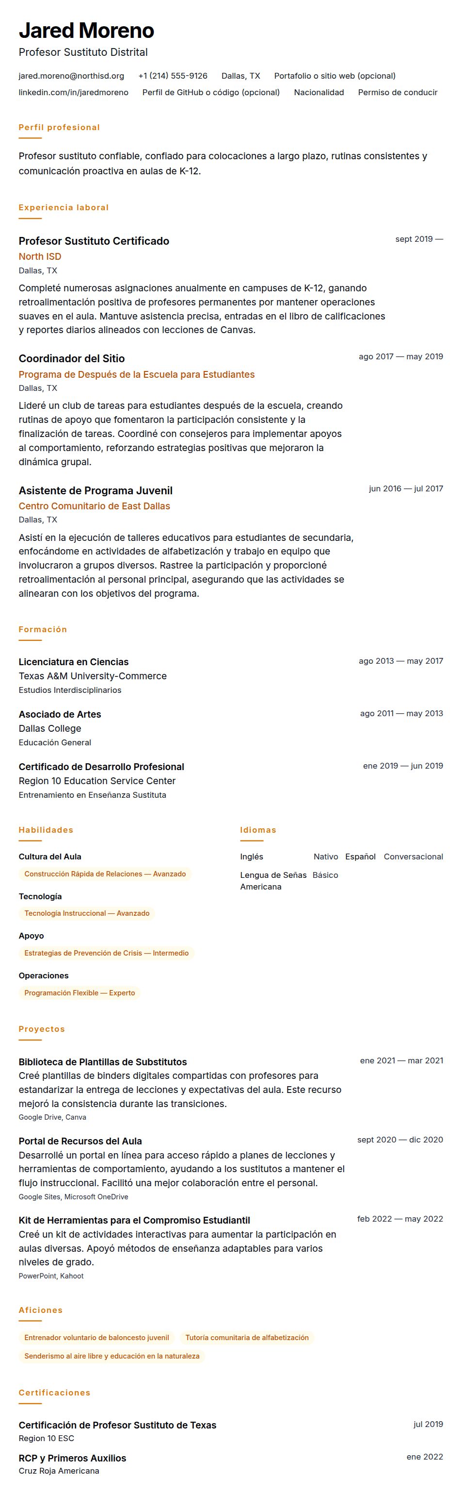 Vista previa del currículum Ejemplo de Currículum de Profesor Sustituto