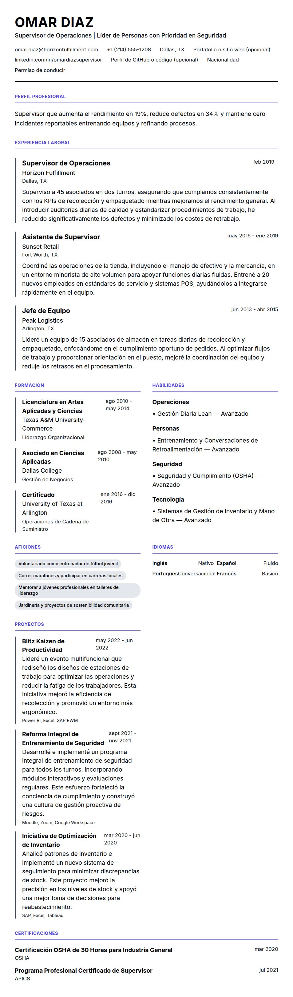 Vista previa del currículum Ejemplo de Currículum de Supervisor