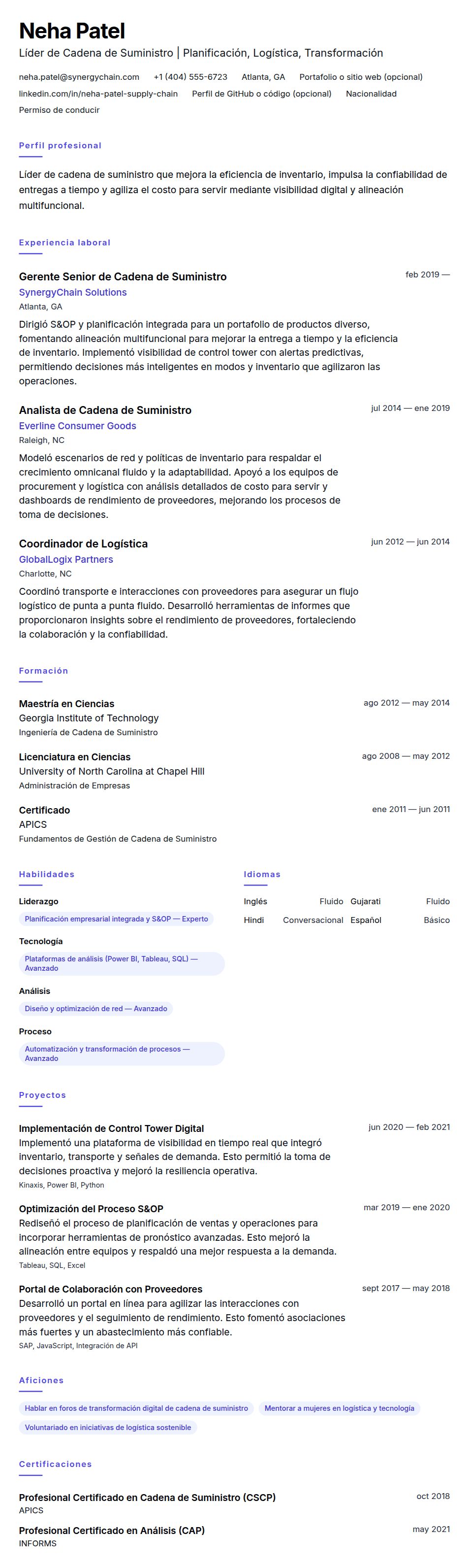 Vista previa del currículum Ejemplo de Currículum de Profesional de Cadena de Suministro