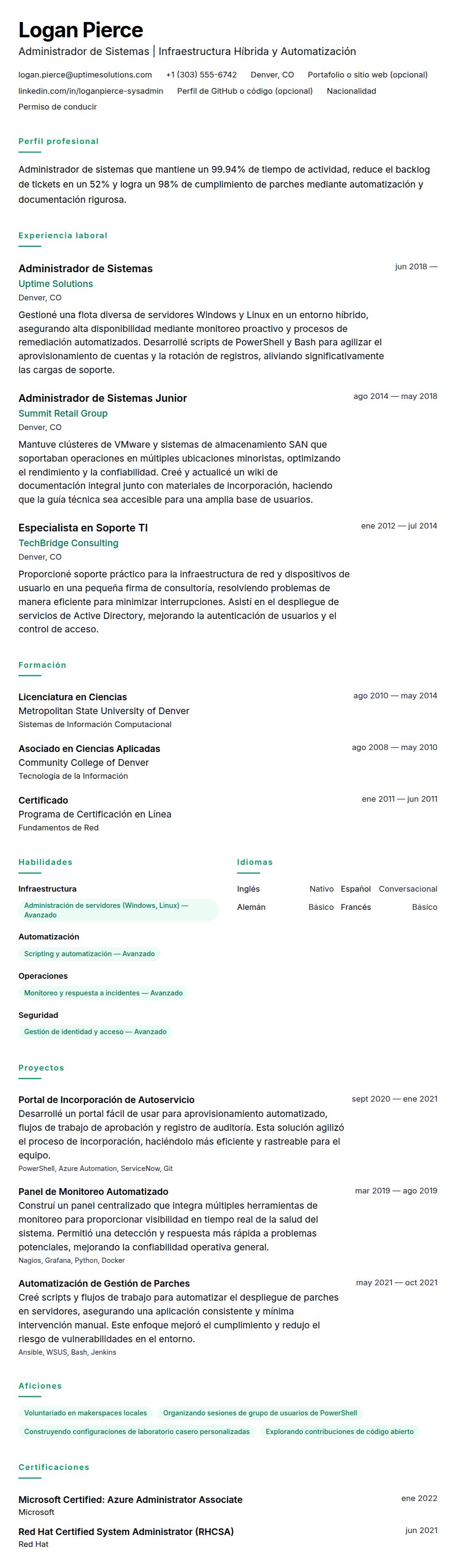 Vista previa del currículum Ejemplo de Currículum de Administrador de Sistemas