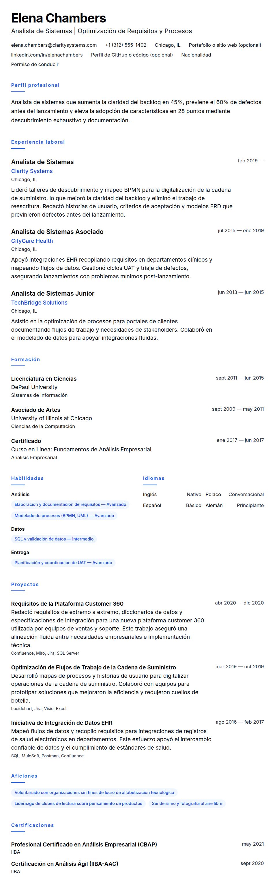 Vista previa del currículum Ejemplo de Currículum de Analista de Sistemas